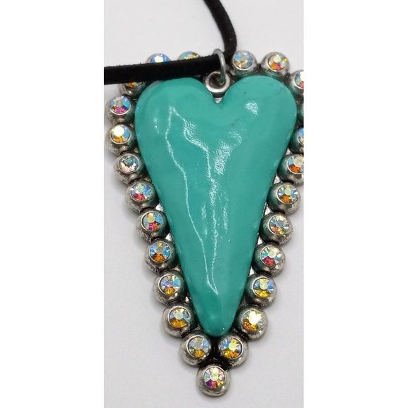 Large Artisan‎ Heart Pendant Rhinestones Silver Tone Statement 20" Long Necklace - Picture 2 of 7